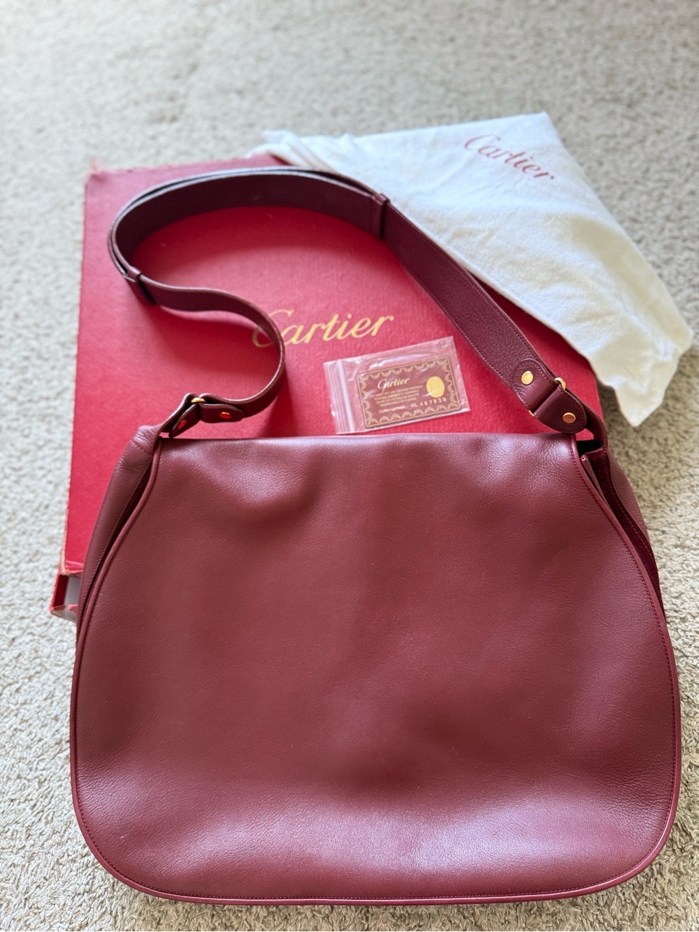 Cartier Maroon Leather Shoulder Bag with Gold-Tone Hardware